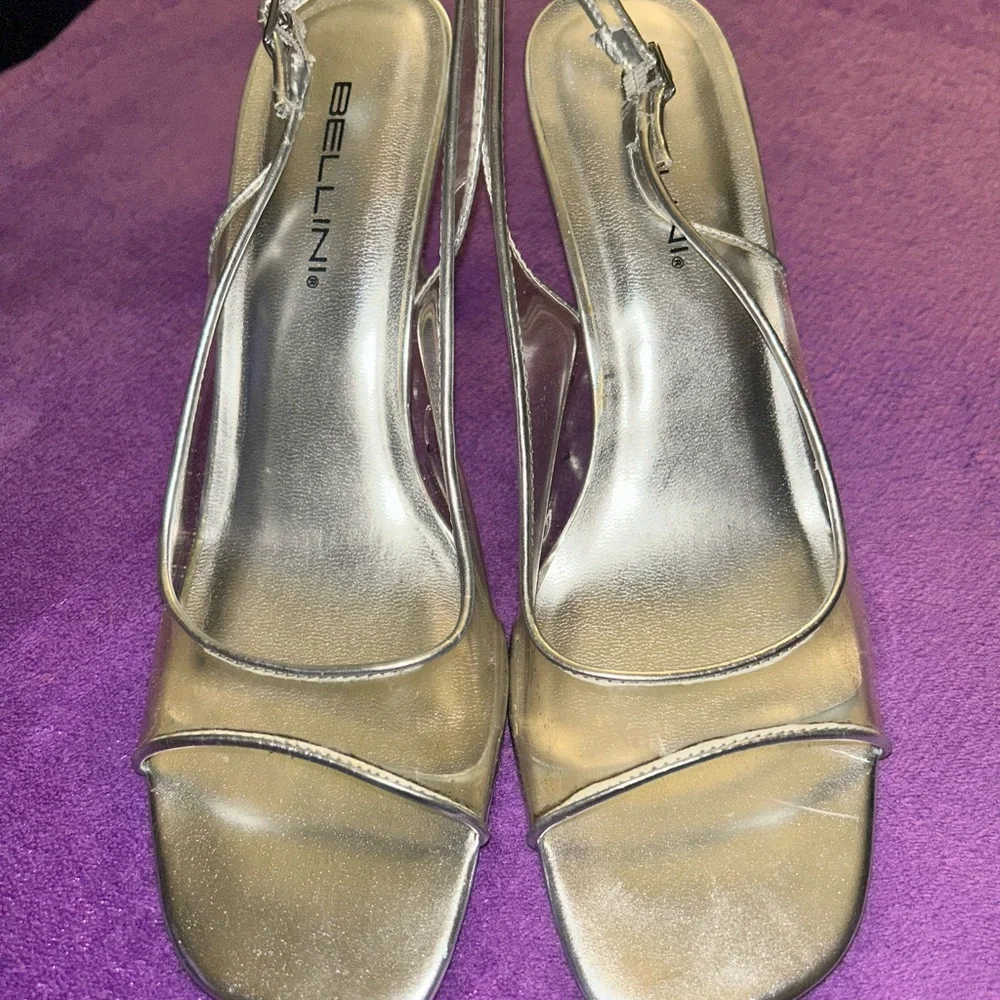 Bellini Metallic Silver Clear Strap Slingback Heels - Picture 2 of 6